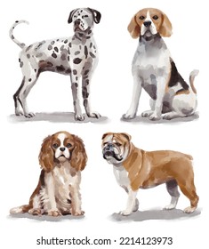 Watercolor illustration with different breeds of dogs - dalmatian, beagle, king charles spaniel, bulldog 