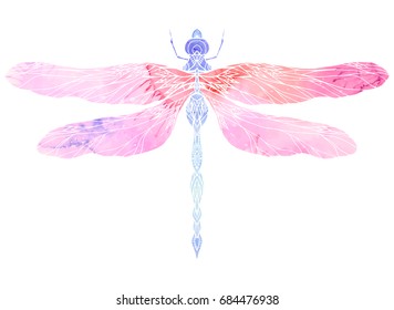 Watercolor illustration of dragonfly with boho pattern. Vector element for your creativity