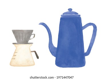 Watercolor illustration of drip coffee and pot