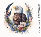 Watercolor illustration of an eagle with a american flag