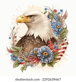 Watercolor illustration of an eagle with a american flag