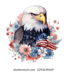 Watercolor illustration of an eagle with a american flag