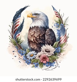 Watercolor illustration of an eagle with a american flag svg