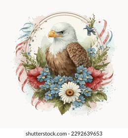 A watercolor illustration of an eagle with flowers