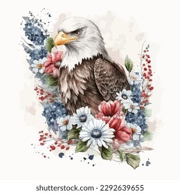 A watercolor illustration of an eagle with flowers