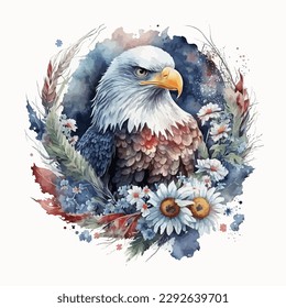 A watercolor illustration of an eagle with flowers