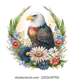 A watercolor illustration of an eagle with flowers