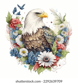 A watercolor illustration of an eagle with flowers