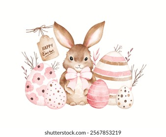 Watercolor Illustration Easter Bunny with Easter Eggs and Happy Easter Sign