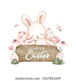 Watercolor Illustration Easter Bunny with Easter Eggs and Happy Easter Sign