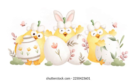 Watercolor Illustration Easter chicks and Easter egg in the garden