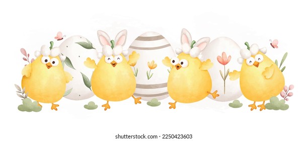 Watercolor Illustration Easter chicks and Easter egg in the garden
