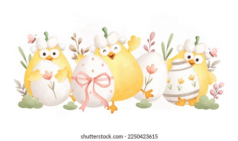 Watercolor Illustration Easter chicks and Easter egg in the garden