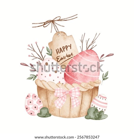 Watercolor Illustration Easter Eggs in Basket