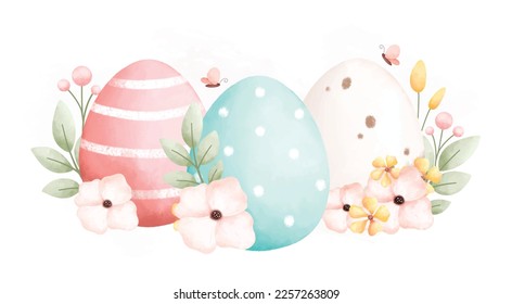 Watercolor Illustration Easter eggs and flowers