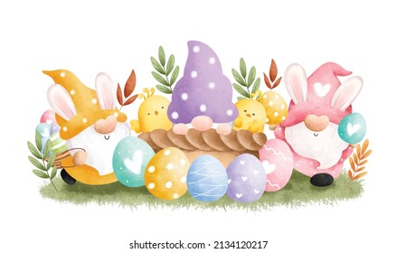 Watercolor Illustration Easter Gnome and Easter Egg 