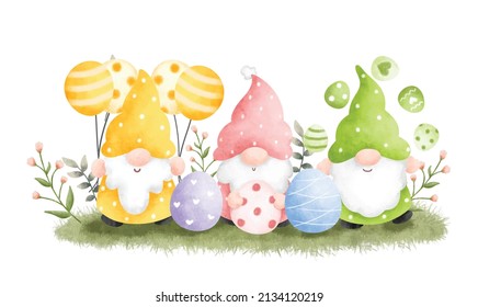 Watercolor Illustration Easter Gnome and Easter Egg