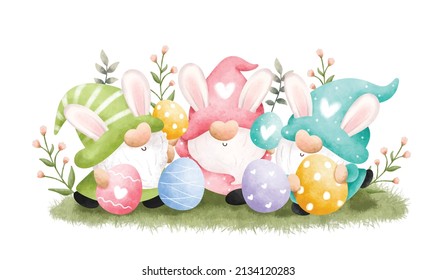 Watercolor Illustration Easter Gnome and Easter Egg