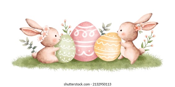 Watercolor Illustration Easter Rabbit and Easter Egg 