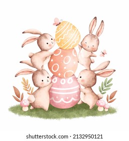 Watercolor Illustration Easter Rabbit and Easter Egg 