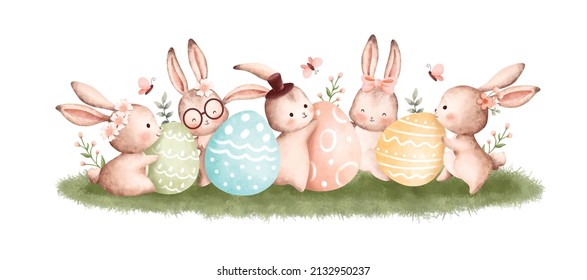 Watercolor Illustration Easter Rabbit and Easter Egg 