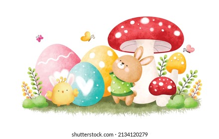 Watercolor Illustration Easter Rabbit and Easter Egg 