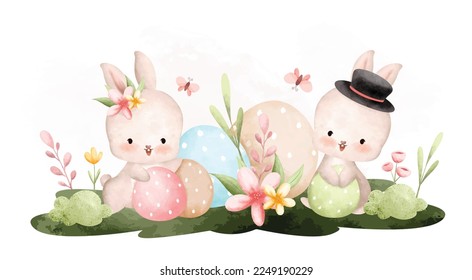 Watercolor Illustration. Easter rabbit and Easter egg in the garden