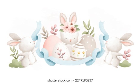 Watercolor Illustration. Easter rabbit and Easter egg in the garden
