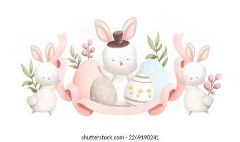 Watercolor Illustration. Easter rabbit and Easter egg in the garden