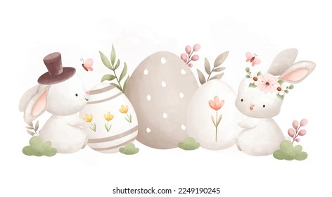 Watercolor Illustration. Easter rabbit and Easter egg in the garden