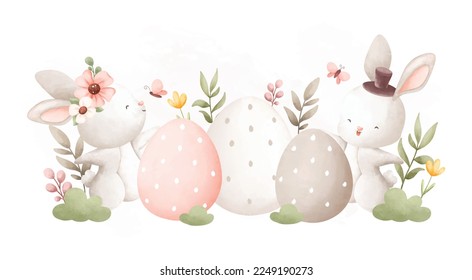 Watercolor Illustration. Easter rabbit and Easter egg in the garden