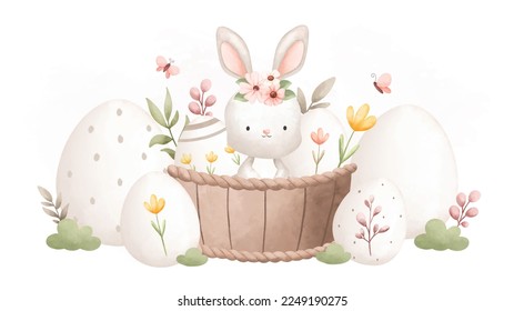 Watercolor Illustration. Easter rabbit and Easter egg in the garden