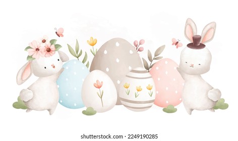 Watercolor Illustration. Easter rabbit and Easter egg in the garden