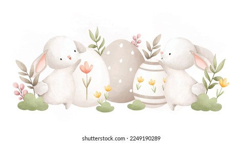 Watercolor Illustration. Easter rabbit and Easter egg in the garden