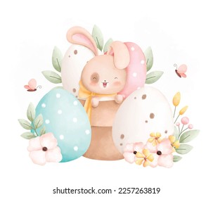 Acuarela Ilustración Conejo de Pascua y Huevos de Pascua