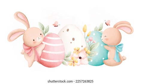 Watercolor Illustration Easter rabbit and Easter eggs