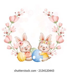Watercolor Illustration Easter Rabbit and flower wreath 
