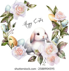 Watercolor illustration for Easter with roses, bunny.Vector graphics