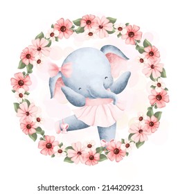 Watercolor Ilustración Elefante Ballerina y flores 