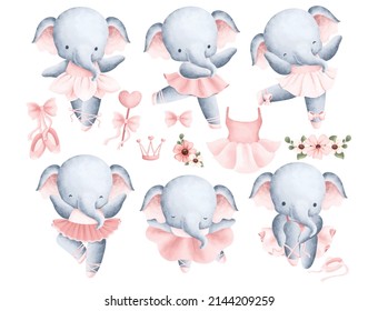 Watercolor Illustration Elephant Ballerina set 