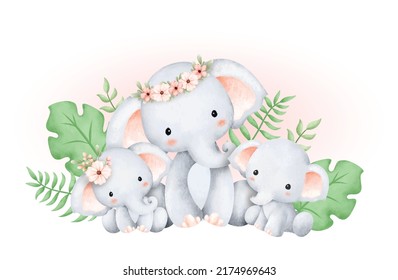 Watercolor illustration elephant family and tropical leaves