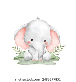 Watercolor Illustration Elephant and Tropical Leaves