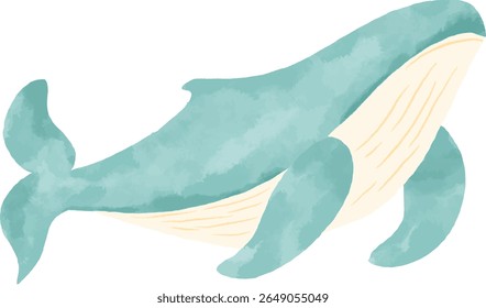 A watercolor illustration of a faceless whale swimming in the ocean. Soft blue textured strokes with gentle waves. Perfect for children's themes, nature concepts, and marine designs