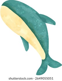 A watercolor illustration of a faceless whale swimming in the ocean. Soft blue textured strokes with gentle waves. Perfect for children's themes, nature concepts, and marine designs