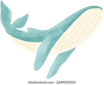A watercolor illustration of a faceless whale swimming in the ocean. Soft blue textured strokes with gentle waves. Perfect for children's themes, nature concepts, and marine designs