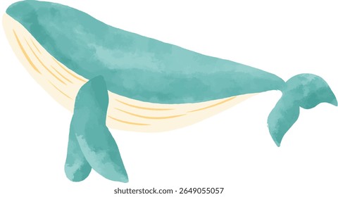 A watercolor illustration of a faceless whale swimming in the ocean. Soft blue textured strokes with gentle waves. Perfect for children's themes, nature concepts, and marine designs