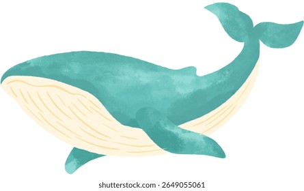 A watercolor illustration of a faceless whale swimming in the ocean. Soft blue textured strokes with gentle waves. Perfect for children's themes, nature concepts, and marine designs