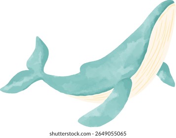 A watercolor illustration of a faceless whale swimming in the ocean. Soft blue textured strokes with gentle waves. Perfect for children's themes, nature concepts, and marine designs