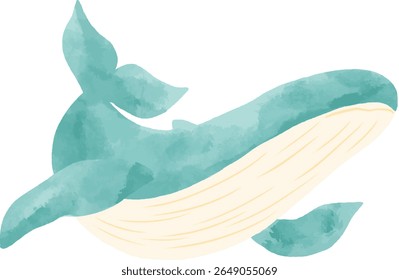 A watercolor illustration of a faceless whale swimming in the ocean. Soft blue textured strokes with gentle waves. Perfect for children's themes, nature concepts, and marine designs