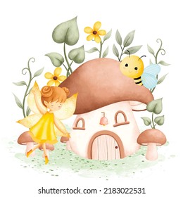 Watercolor Illustration Fairy Garden and Mushroon House 